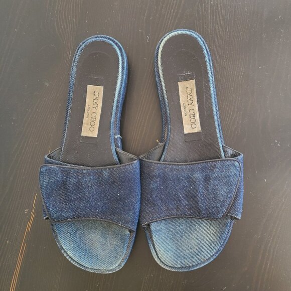 Jimmy Choo Flat Slide Sandal Jean Denim Blue Size 38 - Picture 1 of 8